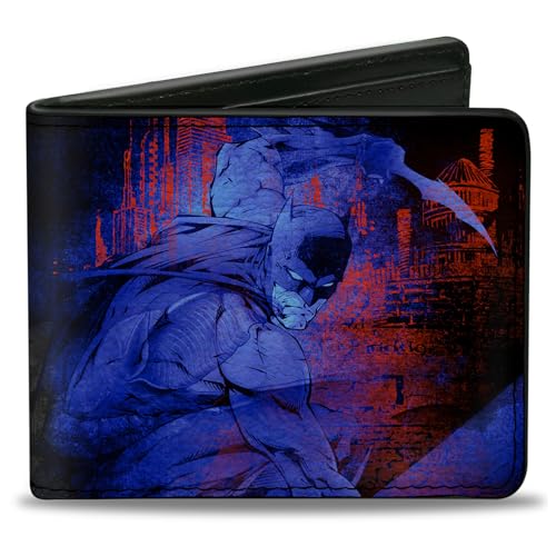 Buckle-Down Men's PU Bifold Wallet-Batman Action + Joker Flipping Cards Poses Black/Blues/Reds, Multicolor, 4.0