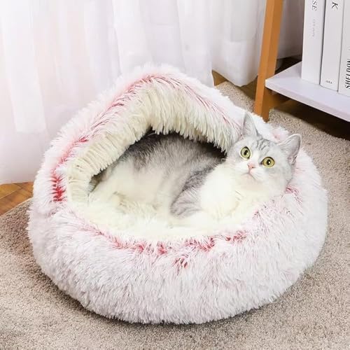 Cat Bed Round Fluffy Hooded Cat Bed Cave Anti-Anxiety Cave Bed with Hooded Blanket Cozy Cuddler Luxury Puppy Pet Bed Anti-Slip Bottom and Machine Washable (Pink Medium)
