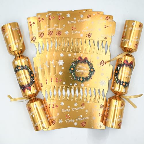Gyoungt 10 Pack Luxury Gold Chritmas Crackers 10 Hats 20 Strings 10 Jokes Silver Christmas Party Game Make Your Own Christmas Cracker DIY Cracker Festive Seasonal (Gold)