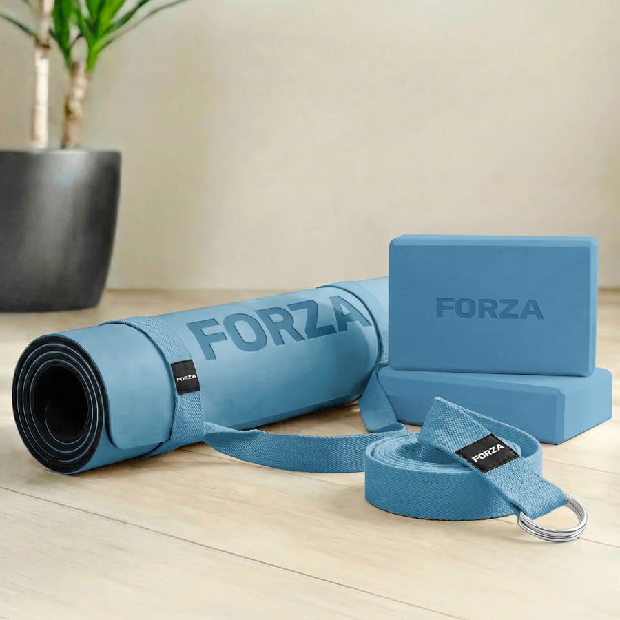 FORZA Yoga Essentials Bundle – PU Non-Slip Yoga Mat + EVA Blocks + Adjustable Yoga Strap + Carry Strap – Complete Home & Studio Yoga, Pilates & Flexibility Set