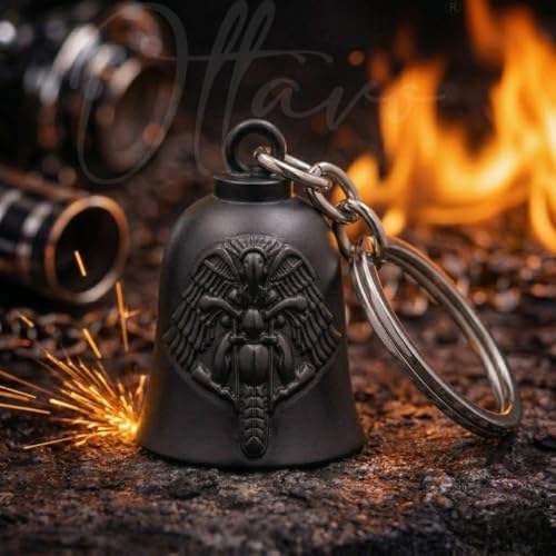 Image of OTTAVO Motorcycle Guardian Bell Keychain, Winged Bike Embossed Design, Metal, Biker Accessory
