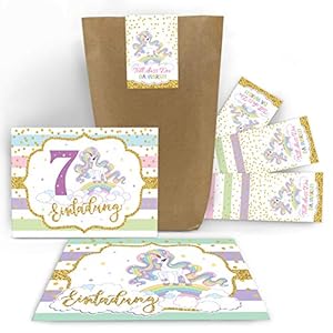 Junaversum Lot de 12 cartes d’invitation pour 7e anniversaire d’enfant fille licorne arc-en-ciel avec 12 enveloppes et…