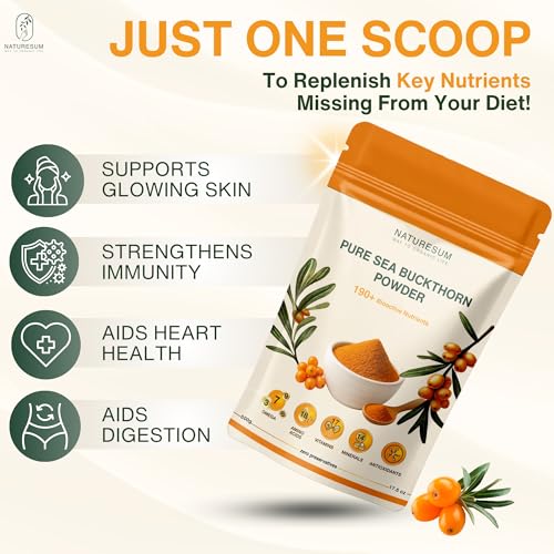 Image of Naturesum Central Asian Sea Buckthorn Berry Powder 100% Organic (500g) Rich in Omega 3, 6, 7, 9, Vitamin C, E & 18 Amino Acid, Strong Antioxidant for Skin Glow, Immunity, Gut & Heart Health