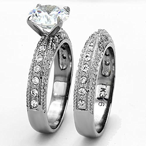 Marimor Jewelry 3.25 Carat Round Cut Cubic Zirconia Vintage Stainless Steel Wedding Ring Set Women's Size 5-103