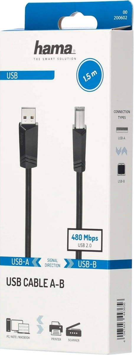 Hama | Cable USB A - USB B, 2.0 (Cable USB, USB 2.0, 480 MBs, 1,​5 m) Negro