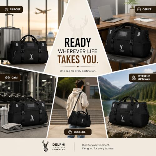 Image of Delphi Design Waterproof Gym & Travel Duffel Bag for Men & Women | Multi-Compartment Weekender Bag with Shoe Compartment, Dry-Wet Separation & Yoga Mat Holder | Black