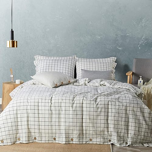 Image of JELLYMONI Cotton Duvet Cover King Size - White Grid Plaid Comforter Cover with Button 100% Washed Cotton 3PCS Breathable Soft Bedding Set Duvet Cover 104x90in & 2 Pillowcases (NO Comforter)