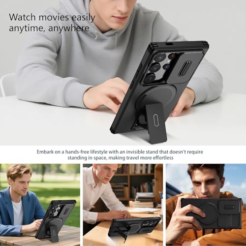 Image of ShieldTech MagStand Series Case for Samsung Galaxy S24 Ultra 5G, Mobile Cover with Sliding Camera Shield, Kickstand, MagSafe, Shockproof for Samsung S24 Ultra 5G - Black