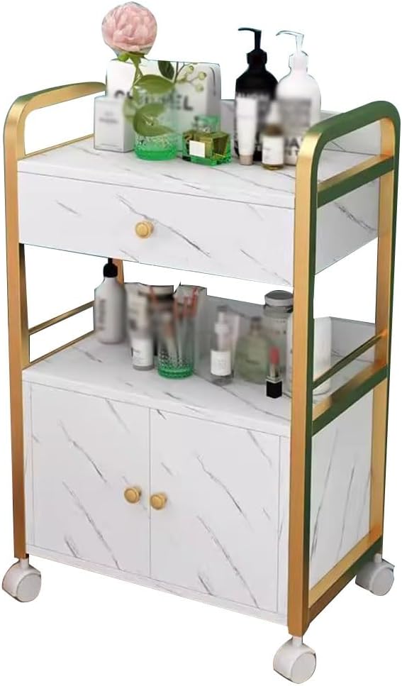Salon Trolley Cart with Wheels,Beauty Salon Storage Cabinet,Barber Equipment Cart,With1-Drawer 1 Cupboard(Gold-Gray)