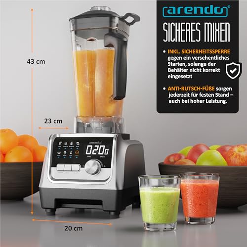 Arendo – Hochleistungsmixer 2000 Watt - Standmixer Edelstahl - 2 Liter Fassungsvermögen – mit Display - 9 Geschwindigkeitsstufen – hochwertige Edelstahl-Messereinheit – 3 voreingestellte Programme