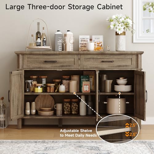 Image of ONBRILL 55 Inch Buffet Cabinet with Storage, Farmhouse Sideboard Buffet w /2 Drawers and 3 Doors, Coffee Bar Cabinet with Adjustable Shelves, Sideboard Storage for Kitchen, Living Room, Washed Grey