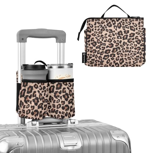 Image of Leopard Print Portable Suitcase Drink Holder with Handle - Free Hands Travel Luggage Cup Caddy Bag Carrier