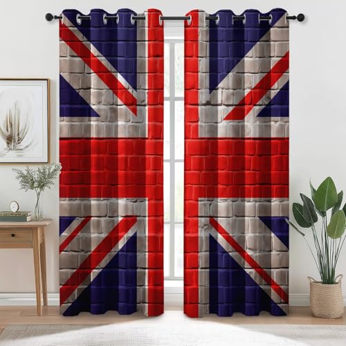 Bleu Rouge Rideau Occultant, Minimaliste Union Jack Mur de Briques Thermique Rideaux à Oeillets Maison Décoration pour Chambre Salon, 91.5L X 215H cm (2...