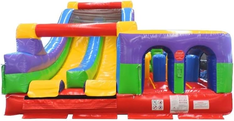 29'L Radical Run Inflatable Obstacle Course with Climbing Wall, Retro Rainbow, 16' Wide x 15' Height, Commercial Grade Interactive Bounce House, Includes: Blower and Stakes
