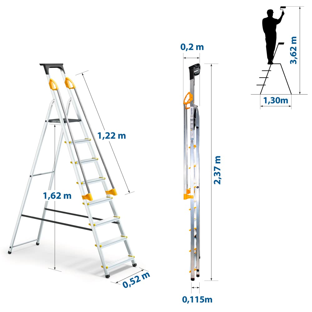 HOSTRÖM Escabeau 8 marches DURAMP sécurisé avec rampes, Tablette Porte-Outils, marchepied Pliable Aluminium, Hauteur Plateforme 162cm, Garantie 5 Ans