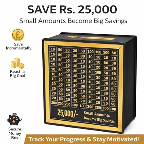 Image of Premium Wooden Money Bank with Lock - Vintage Coin Saving Box for All Ages - Ideal for Cash, Coins, Donations & Home Decor (25K Money Box, 1, Count)