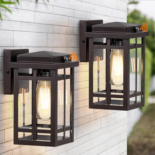 9.76'' Dusk to Dawn Outdoor Wall Light 2 Packs, Exterior Fixture Mount for House Front Porch, Anti-Rust Modern Lantern with Tempered Glass Shade for Garage, Brown