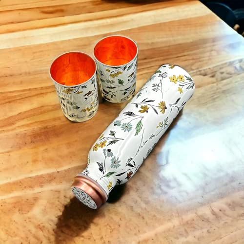 Image of Copper Water Bottle 1 Ltr | Copper Water Bottle with Glass Set | Meena Work | 100% Pure | Leak-Proof | 2 Water Glass 300ml each | Best for Gifting (Leaf Design - 1)