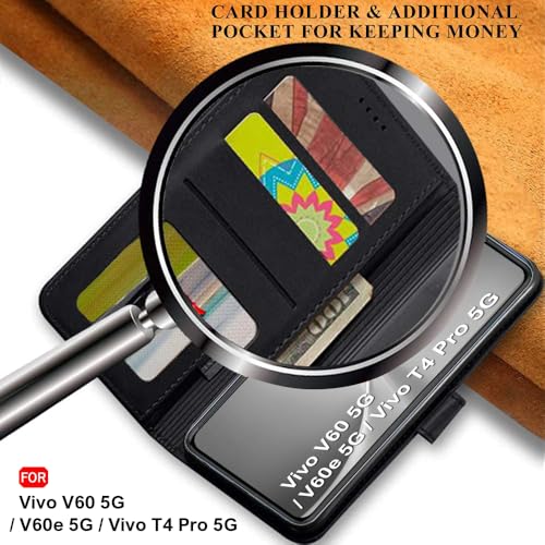 Image of TheGiftKart Genuine Leather Finish Flip Back Cover Case for Vivo V60 5G / V60e 5G / Vivo T4 Pro 5G | Inbuilt Pockets & Stand | Wallet Style | Designer Button Magnet Flip Cover (Faux Leather, Black)