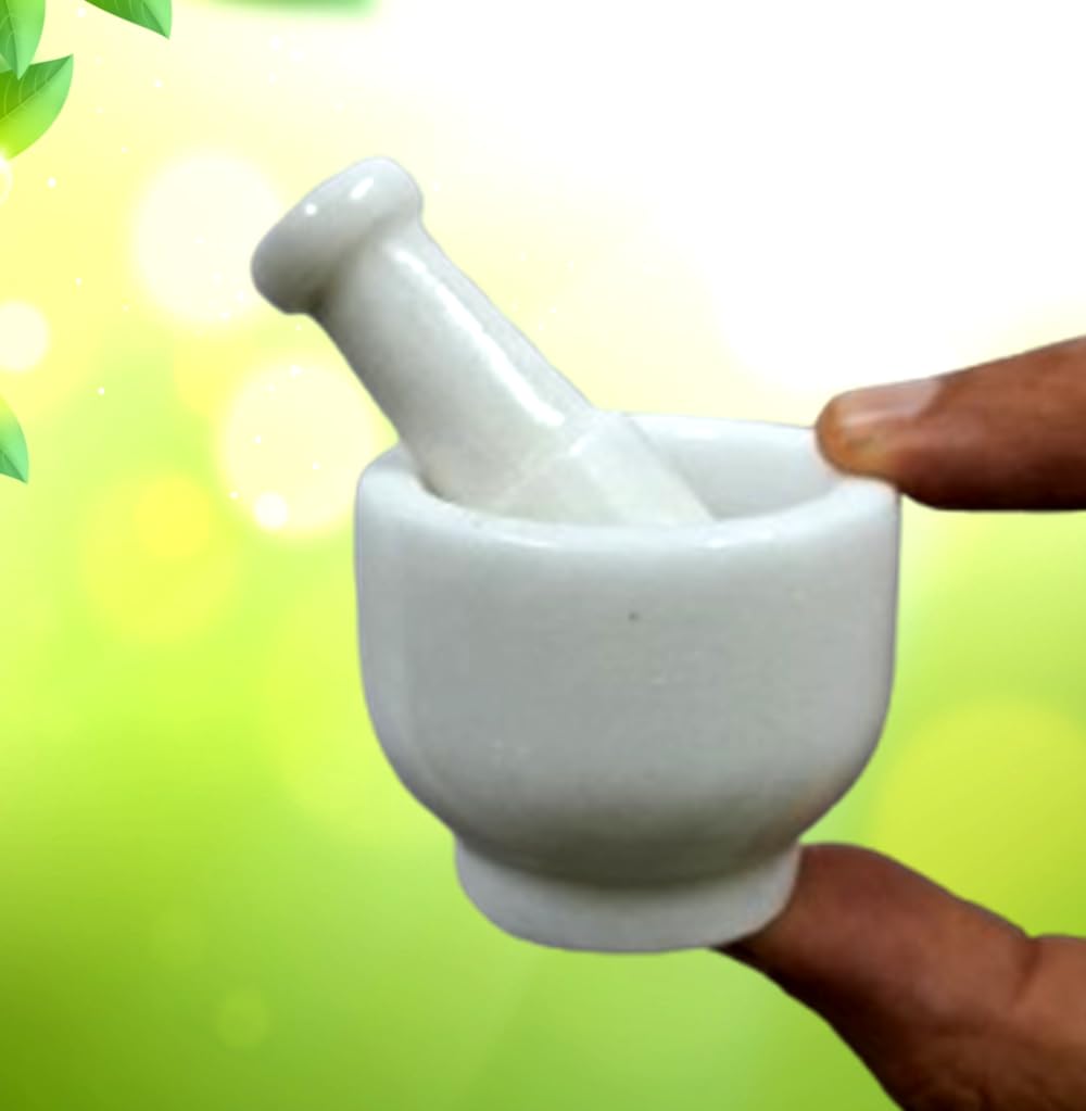Purpledip Marble Mortar Pestle Grinding Crushing Bowl Set: Ayurvedic Khal Dasta, Small (12469C)