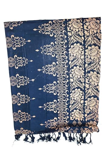 Image of Women's Dupatta | Navy Blue with Beige Floral and Geometric Print | Tassel Border