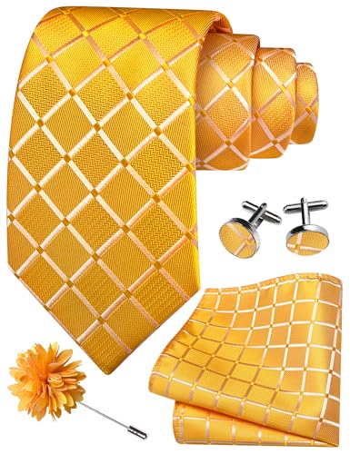 Image of GUSLESON 3.15 inch(8cm) Mens Tie and Lapel Pin Plaid Checkered Necktie Hankerchief Cufflinks Set for Men