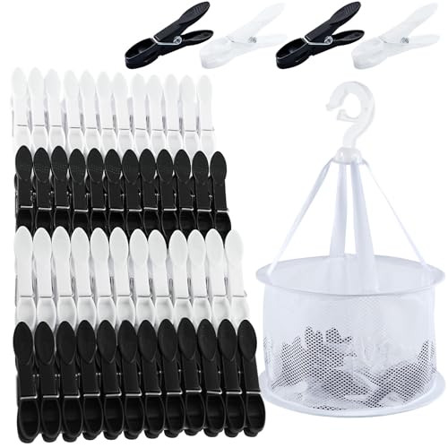 60 PCS Clothes Pegs for Washing Line with Bag Plastic Pegs for Washing Line Waterproof Black and White Washing Pegs Windproof Laundry Pegs with Basket for Home and Garden