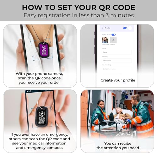 QR Code Medical Alert Necklace for Men & Women Aluminum Military Army Smart scannable Engraved ID Tag Emergency Awareness Med Safety Jewelry for diabetes, allergy, epilepsy & medical conditions