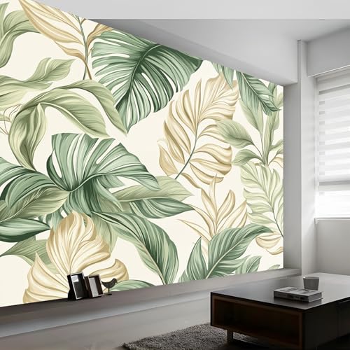 Carta Da Parati Pianta Foglie Tropicale Verde Beige 200 X 140 Cm(Wxh) Poster Giganti Da Parete Spiaggia,Fotomurale Murale Alla Moda,Decorazione Per Camere Da Letto,Cucine E Soggiorni