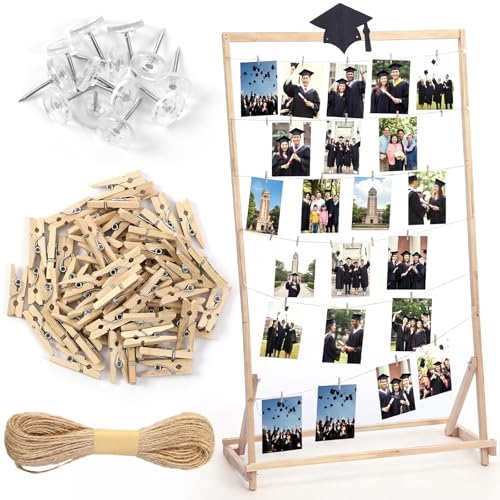 Cinnvoice Graduation Photo Display Stand Wooden 47 Picture Frame Decor with Clips and Graduation Caps Class of 2026 Grad Centerpiece Decorations for Preschool High School College Grad Party Supplies