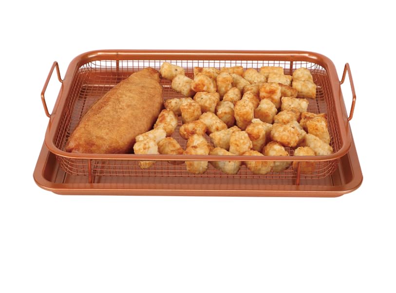 New 2 Pieces Non Stick Oven Crisper Tray Set Elevated Copper Grill Tray for Crunchy Crisps Food Cooking Baking Crisping Basket for 360° Heat Air Circulation Even Healthy Oil Fat Free Home Cooking