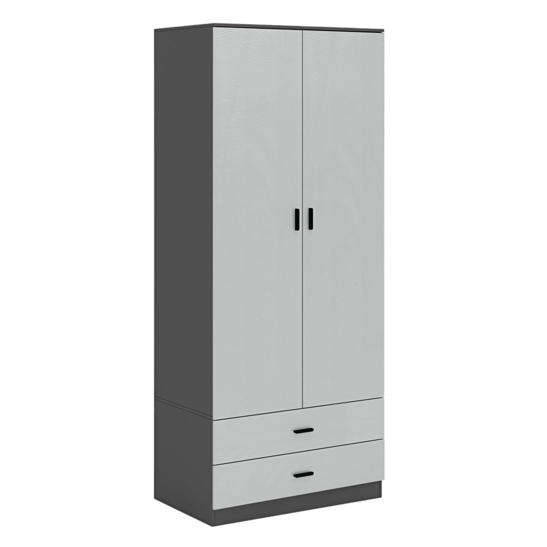 URBNLIVING Tall Wooden 2 Door Black Wardrobe With 2 Drawers Bedroom Storage Hanging Bar Clothes (Black Carcass + Grey Drawers) โ image 1