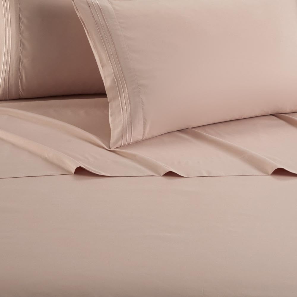 New York & Company Lain 4 Piece Sheet Set Super Soft Stripe Embroidered Design – Includes 1 Flat, 1 Fitted Sheet, and 2 Pillowcases, King, Rose
