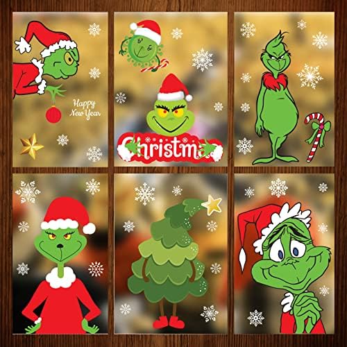 BEE&FLOWER Christmas Window Stickers 88PCS 8 Sheets Grinch Window Clings XMAS Double-Side Grinch Snowflakes Sticker Christmas Decorations Grinch Window Decals Grinch Window stickers