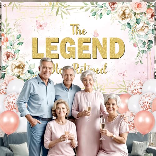 LUUFILx Pink Floral Retirement Party Decorations: The Legend Has Retired Banner, Backdrop, Table Honeycomb Centerpiece, Retirement Hanging Swirls, Balloons