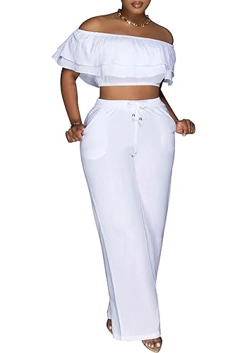 Womens Summer Casual 2 Piece Outfits Sexy Ruffle Off The