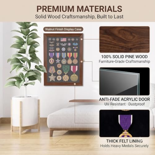 Image of Walnut Solid Wood Medal Display Case, Lockable Shadow Box 11x15 in | UV-resistant acrylic door; lockable metal latch; wall mount or tabletop; fits ribbons, pins, patches