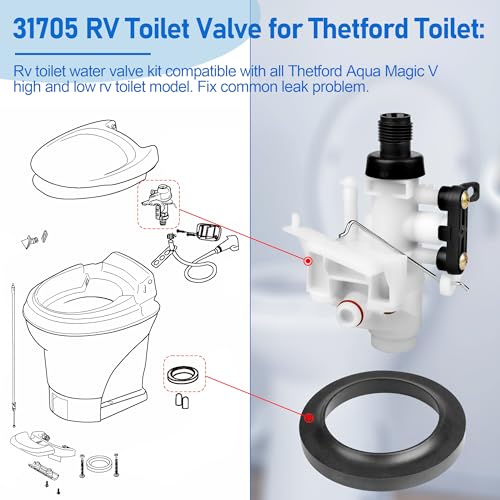 Image of 31705 /31688 RV Toilet Water Valve Kit - Freeze-Resistant & Leak-Resistant RV Toilet Parts for Thetford Aqua-Magic V High & Low Models, Includes Valve, Seal & Screw, Easy DIY Fix for Camper Toilet