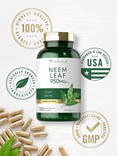 Neem Leaf | 950Mg | 300 Powder Capsules | Non-Gmo And Gluten Free Formula | Value Size | Traditional Herbal Supplement | Azadirachta Indica | By Carlyle #TOP4