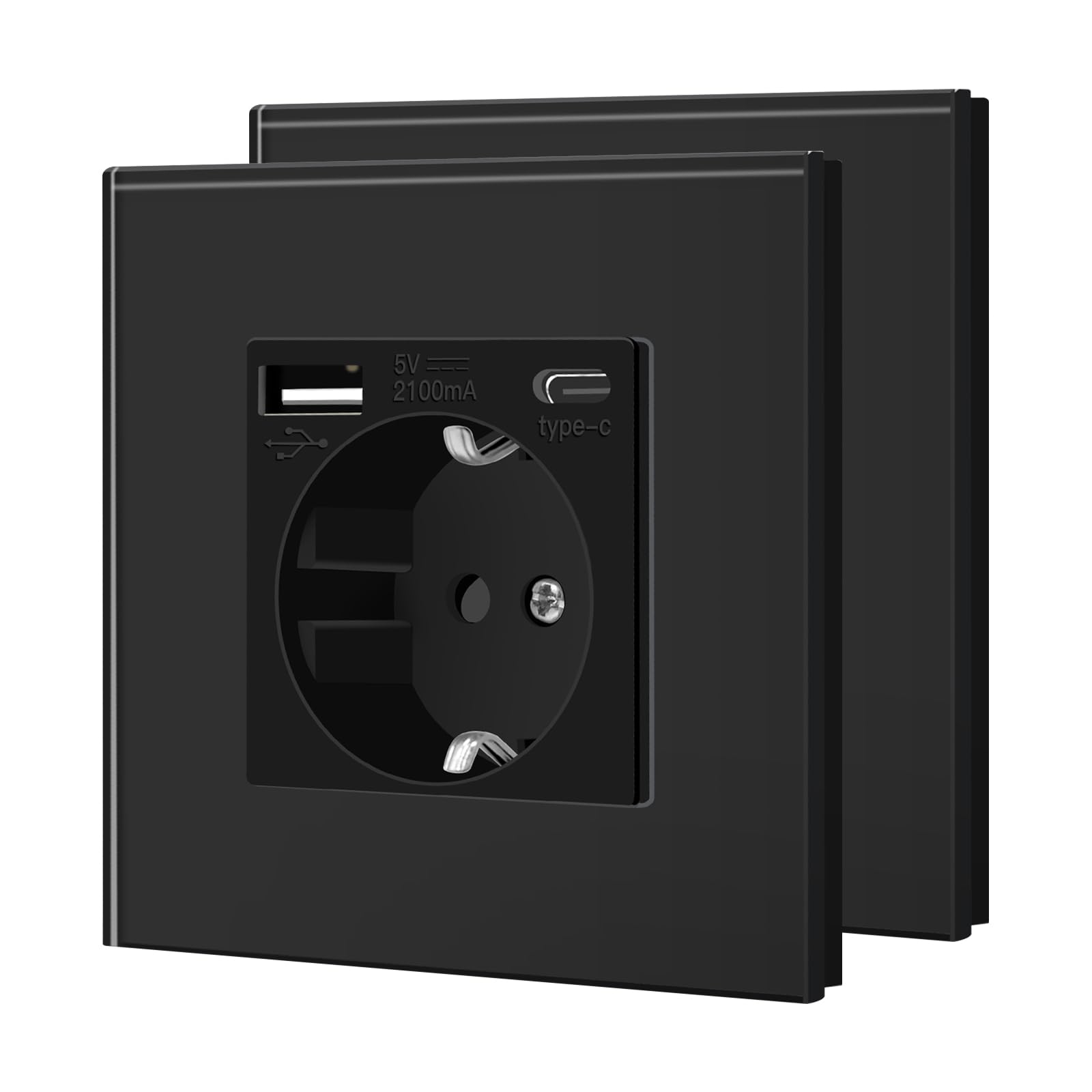 BSEED Wandsteckdose, Standard-Schuko-Steckdose mit 2.1A USB C, Glasplatte, Kindersicherung, einfache Installation, 16A, 250V, 1 USB C-Stecker, 2 Packungen, 86 mm, Schwarz