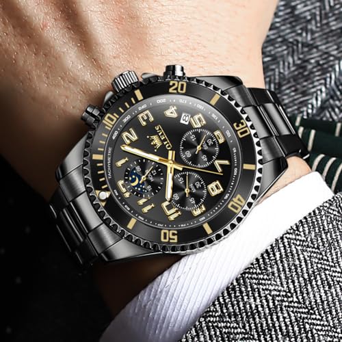 OLEVS Watches for Men Chronograph Luxury Dress Stainless Steel Waterproof Mens Watches Moon Phase Luminous Business Calendar Wrist Watch Blue/Black/Green/Gold/Face - Image 3