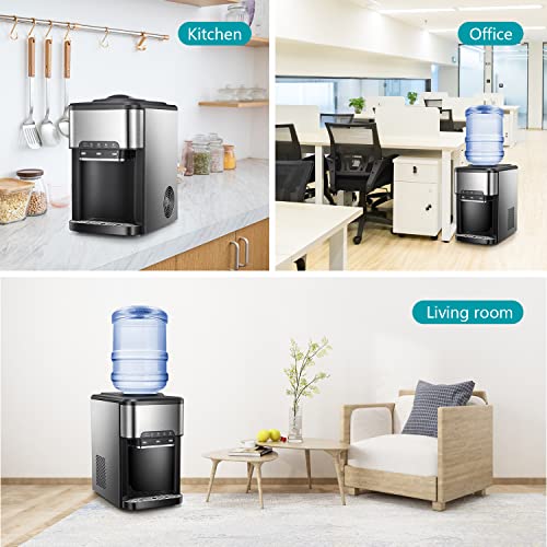 Water Dispenser For 5 Gallon Bottle, Top Loading Water Cooler With Built-In Ice Maker, Ice, Cold & Hot,12 Cubes/8Mins,Child-Safety Lock, Led Display,Stainless Steel #TOP6