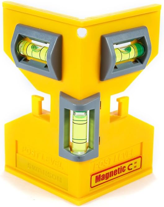 Swanson Tool Co PL001M Magnetic Composite Post Level, Yellow, Includes Elastic Loop for Hands-Free Work and 3 Vials for Easy Plumb and Level Reads