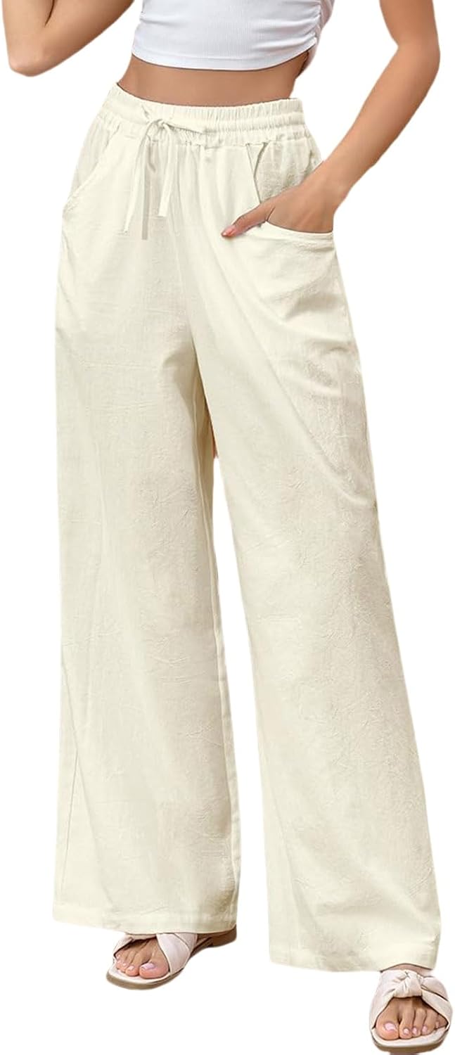 Womens Wide Leg Linen Pants Palazzo Dressy Summer Flowy Boho Drawstring Beach Pants Trousers with Pockets