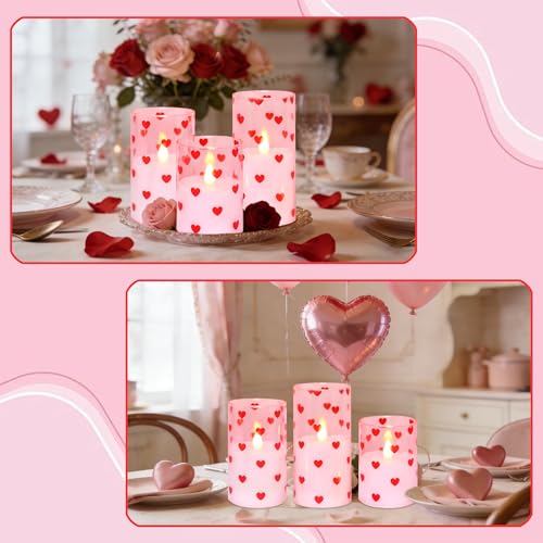 Image of Love Flameless Candles with Remote Timer, Glass Battery Operated Candles, Pink Spray-Painted Heart LED Candles for Home Party Wedding Valentine's Day Decor Set of 3