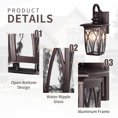 Image of Dusk to Dawn Outdoor Wall Light Fixtures,18'' Outdoor Porch Sconces Lighting , Waterproof Wall Lanterns with E26 Sockets & Water Ripple Glass, Modern Oil Rubbed Bronze Outside Lights for Patio, Garage