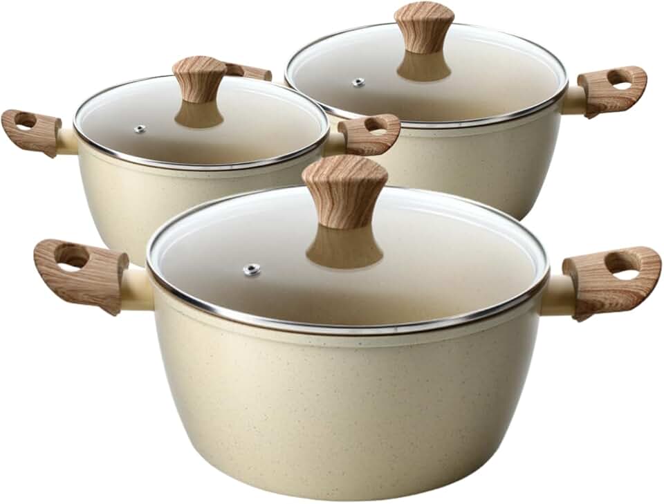 Jogo de Panelas Caçarola Com Tampa Cerâmica Antiaderente Indução (Bege)