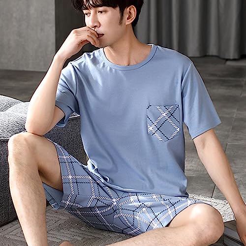 Men's Cotton Short Sleeve Pajamas Sleepwear Adult Casual Shorts & Shirt PJ Set Summer Tee3