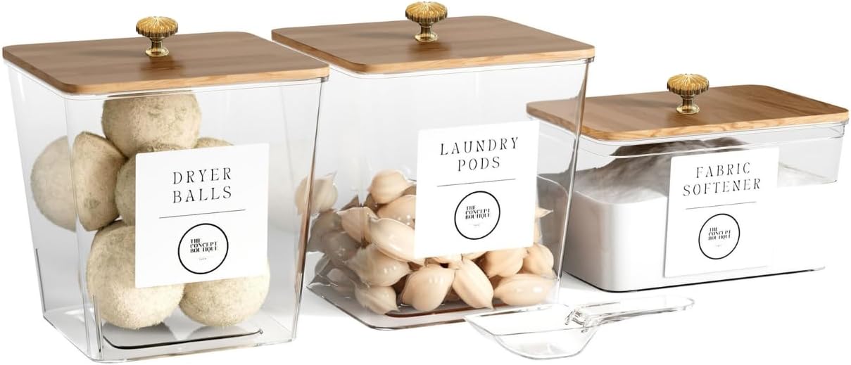3 Pack Acrylic Laundry Room Organization Containers with Gold & Wood Knobs – Laundry Pods Container & Detergent Organizer Set | Clear Laundry Jars | Scoops & Customizable Labels | Storage Canisters
