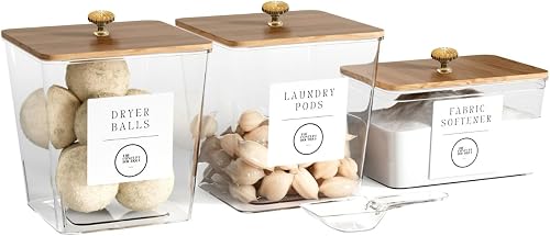 The Concept Boutique Paris - Acrylic Laundry Room Containers Organization Jars with Lids, Scoops | Clear Containers for Laundry Detergent, Pods, Powder | Laundry Room Storage Set for Organizing
